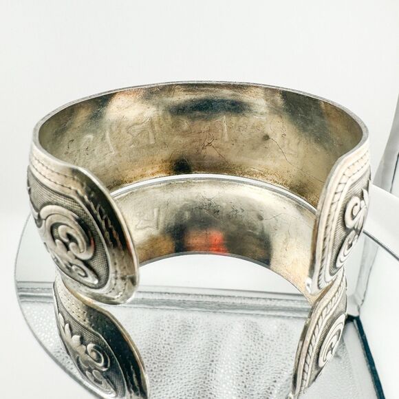 Vintage Handmade Tibetan Silver Cuff Bracelet with Lucky Charms Retro Chunky - Picture 6 of 7